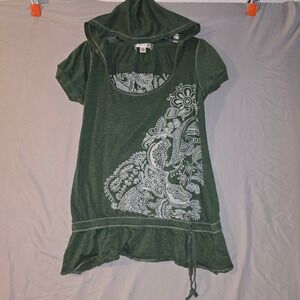 Decree Hooded Tunic Top L Women Green Paisley Graphic Short Sleeve Drawstring